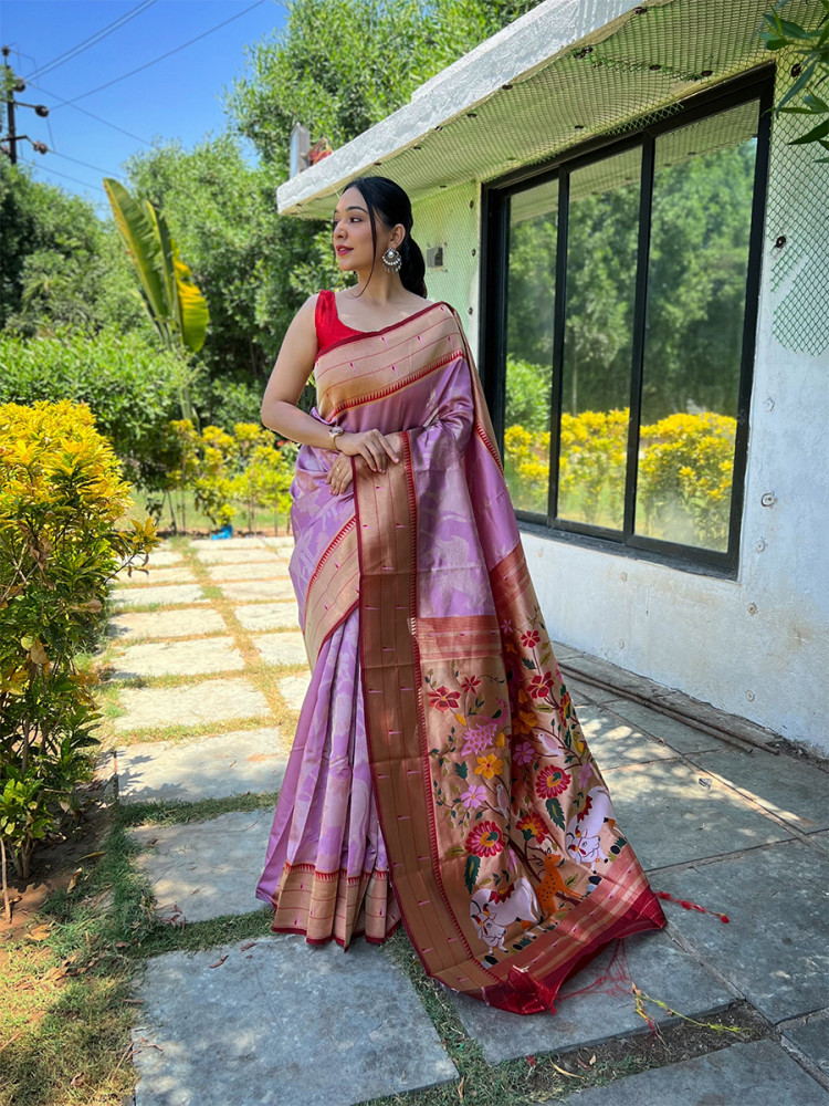 Image of Lavender Pure Soft Paithani Silk Zari Wedding Reception Party Festival Casual Heavy Border Sarees
