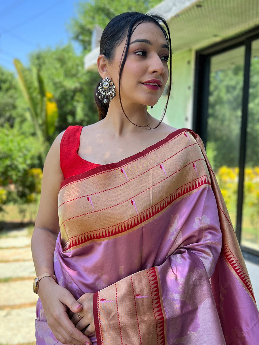 Lavender Pure Soft Paithani Silk Zari Wedding Reception Party Festival Casual Heavy Border Sarees