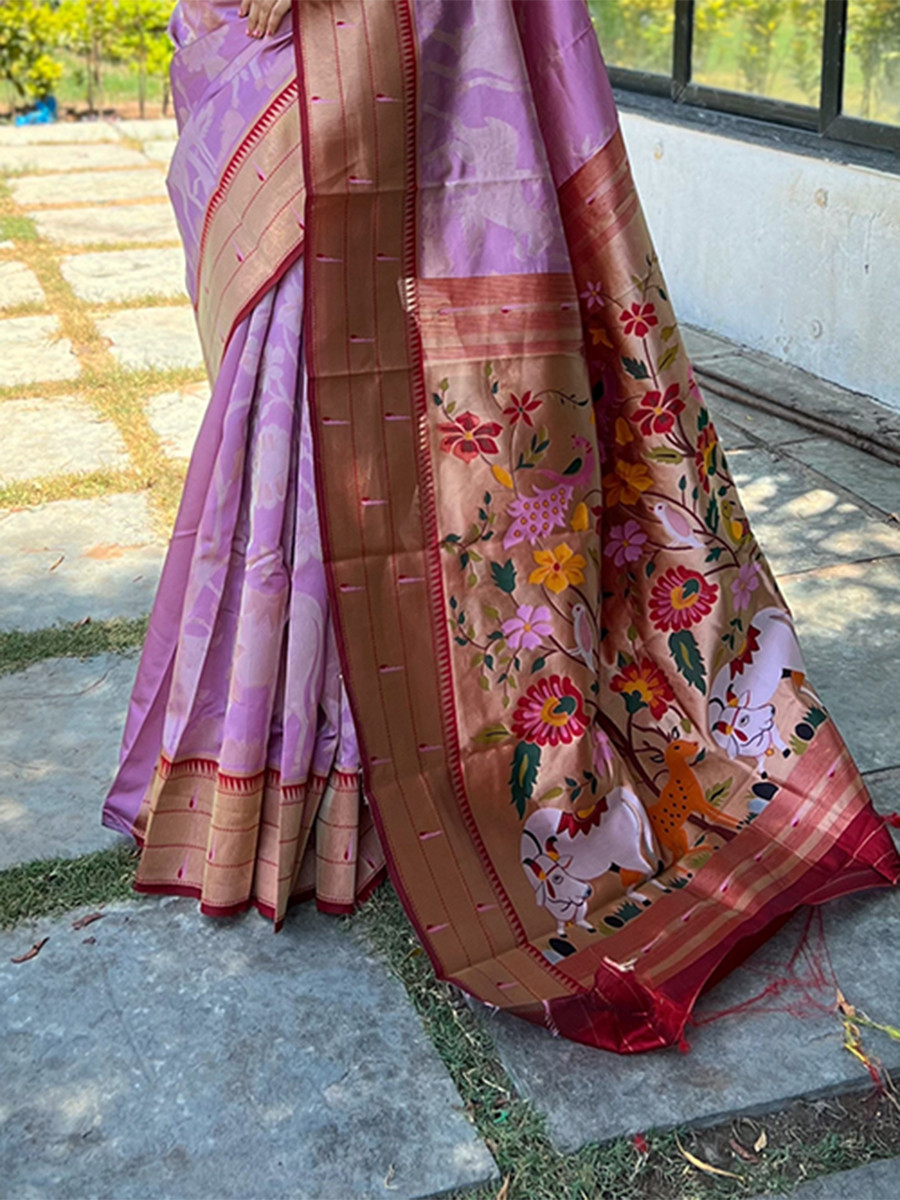 Lavender Pure Soft Paithani Silk Zari Wedding Reception Party Festival Casual Heavy Border Sarees