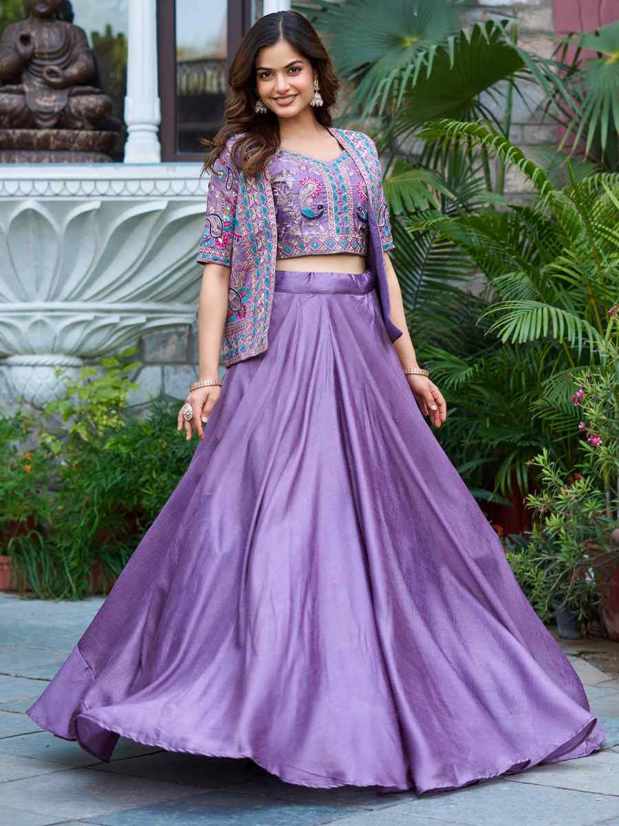 Lavender Pure Vichitra Silk Embroidery Party Wedding Festival Casual Ready Jacket Lehenga Choli