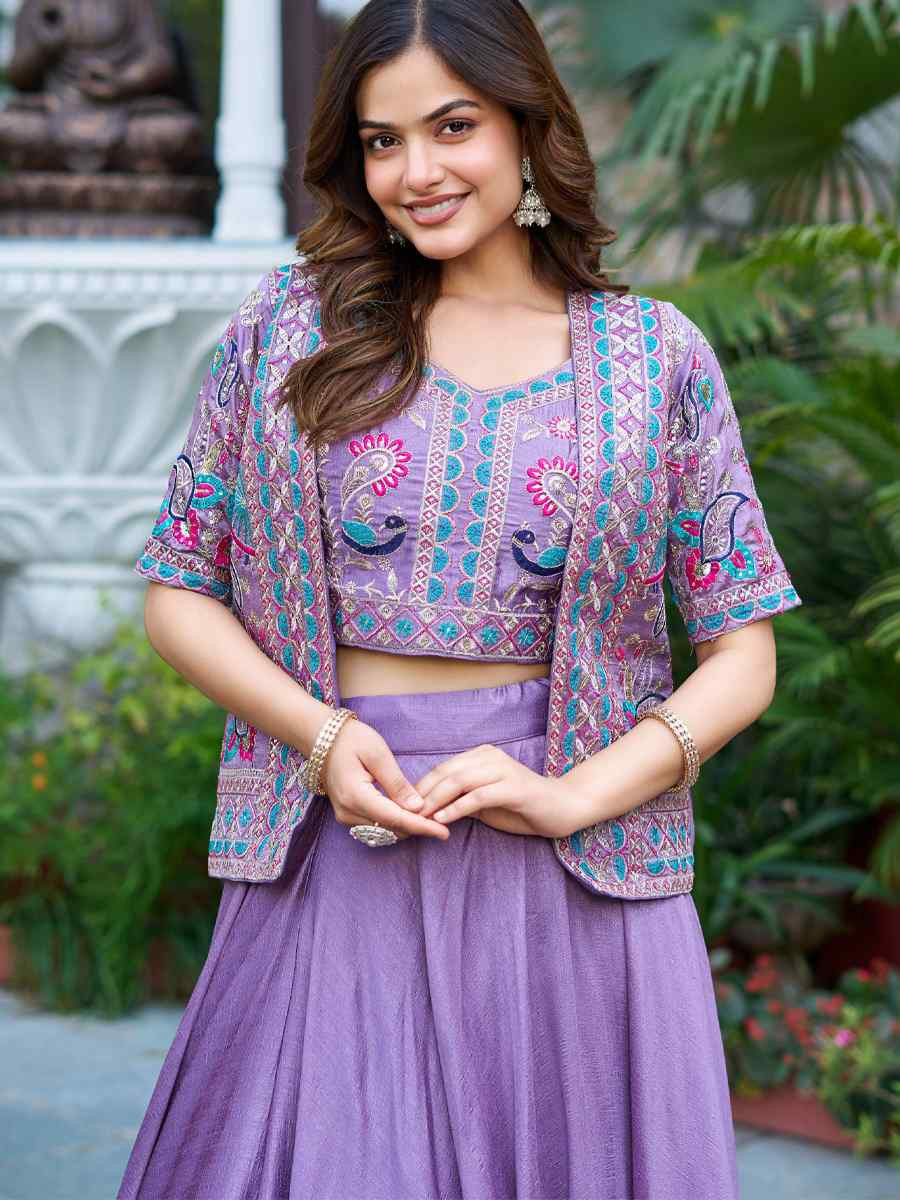 Lavender Pure Vichitra Silk Embroidery Party Wedding Festival Casual Ready Jacket Lehenga Choli