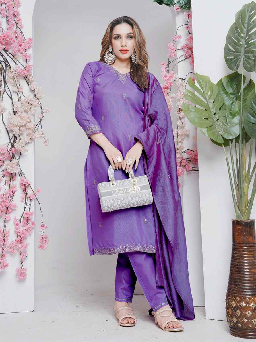 Lavender Rayon Embroidered Party Wedding Ready Pant Salwar Kameez