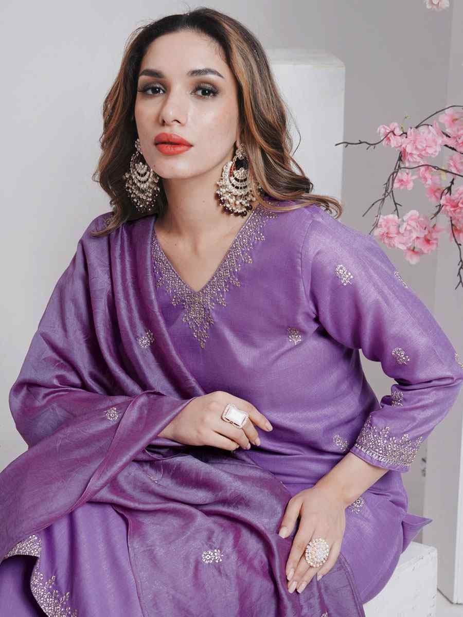 Lavender Rayon Embroidered Party Wedding Ready Pant Salwar Kameez