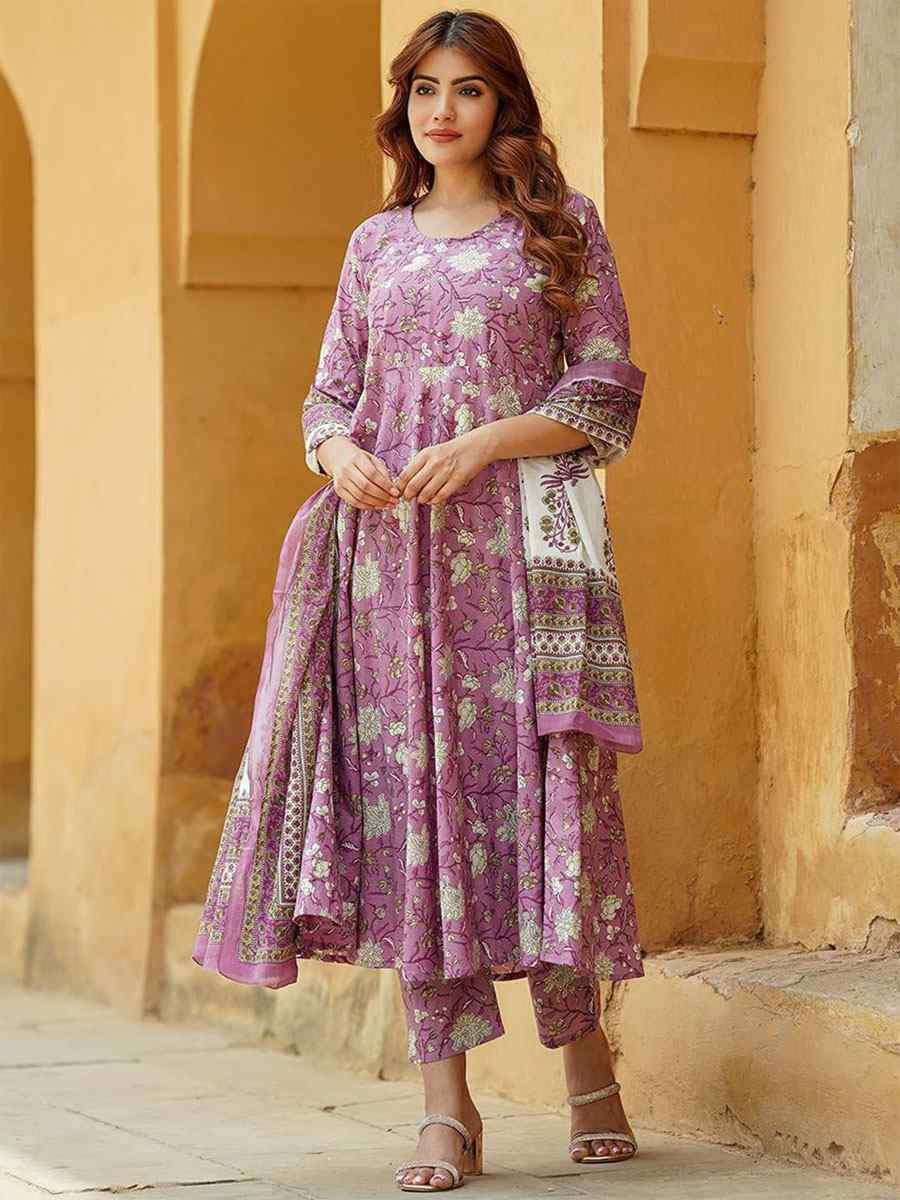 Lavender Rayon Printed Party Wedding Festival Casual Ready Anarkali Salwar Kameez
