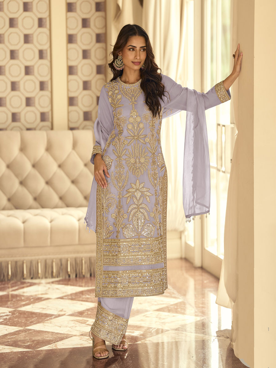 Lavender Real Premium Georgette Heavy Embroidered Beads Work And Sequins Party Wedding Festival Casual Ready Pant Salwar Kameez