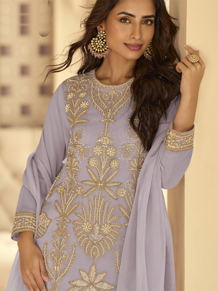 Lavender Real Premium Georgette Heavy Embroidered Beads Work And Sequins Party Wedding Festival Casual Ready Pant Salwar Kameez