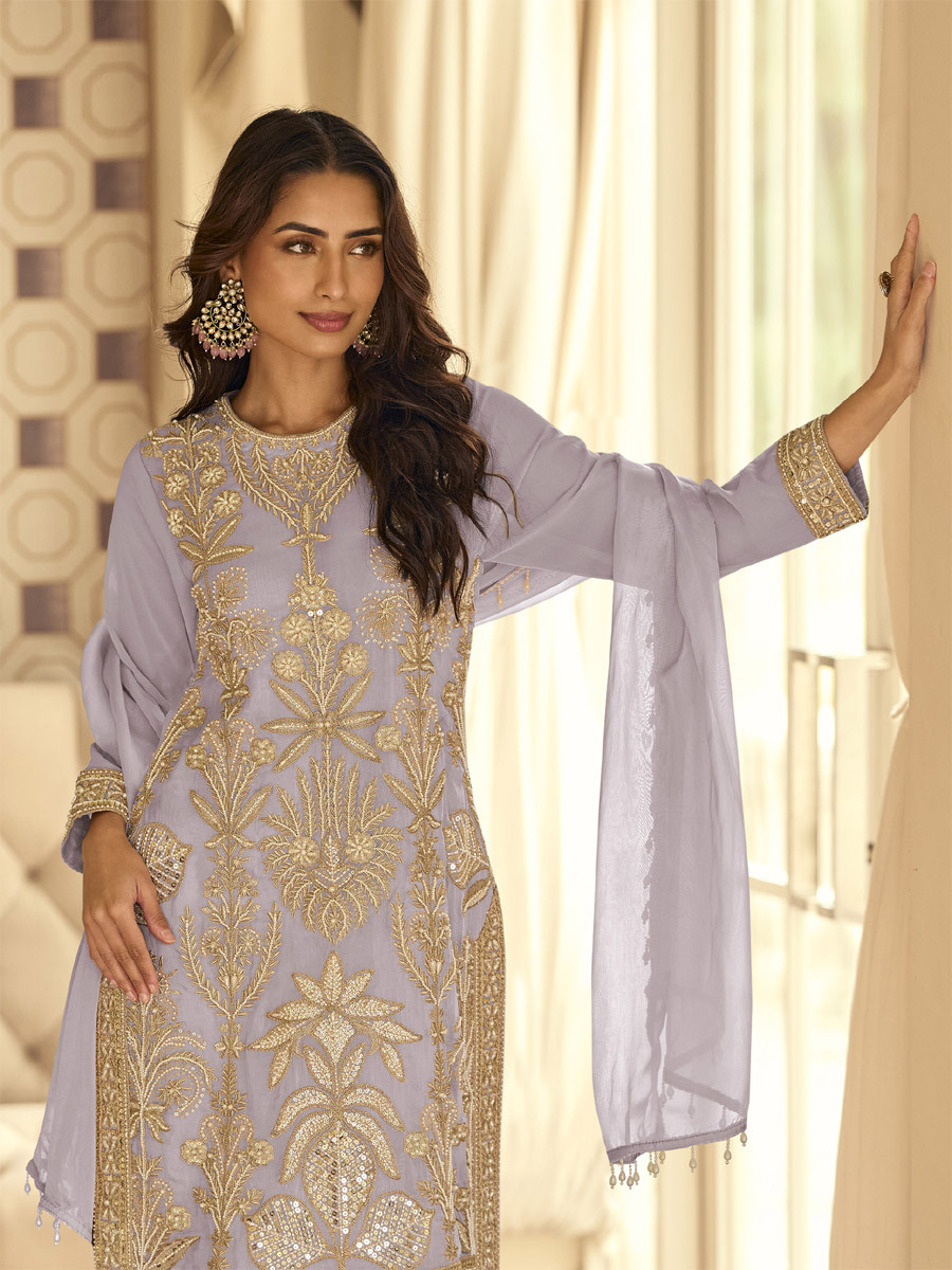 Lavender Real Premium Georgette Heavy Embroidered Beads Work And Sequins Party Wedding Festival Casual Ready Pant Salwar Kameez
