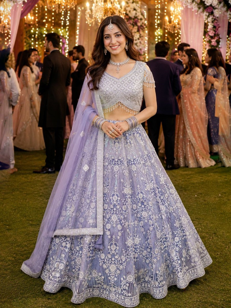 Lavender Real Premium Net Embroidery Wedding Reception Festival Ready Heavy Border Lehenga Choli