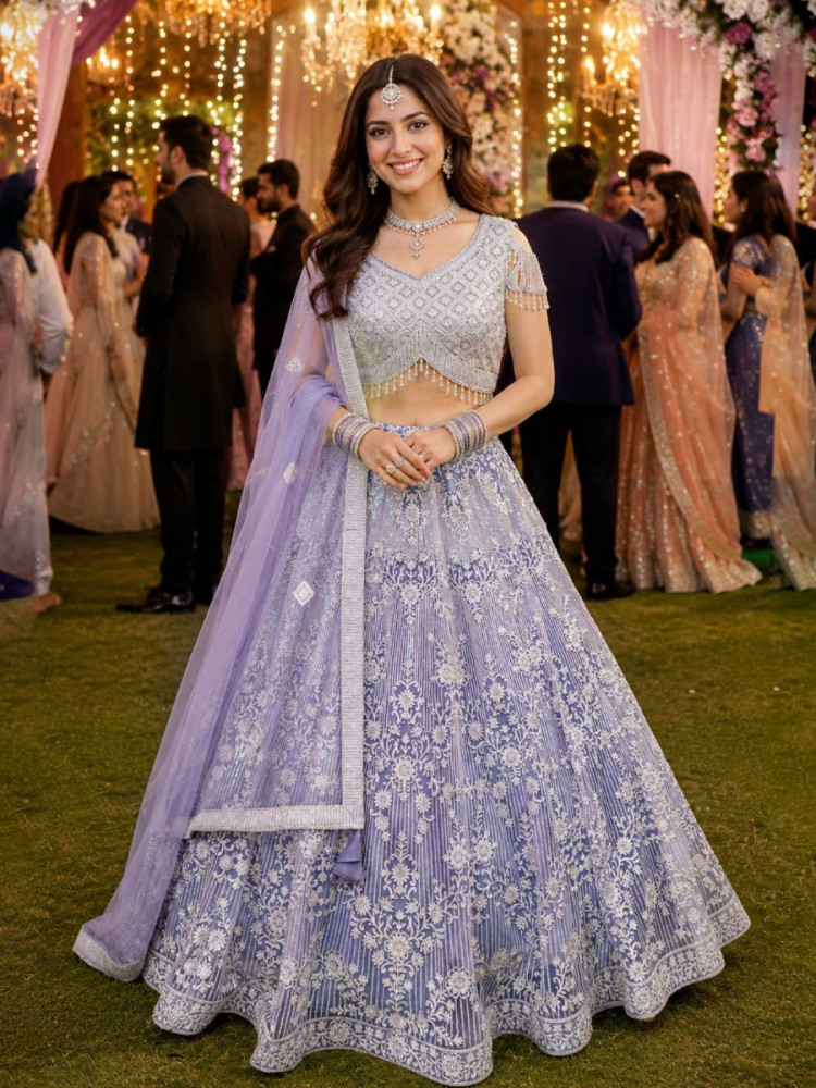 Image of Lavender Real Premium Net Embroidery Wedding Reception Festival Ready Heavy Border Lehenga Choli
