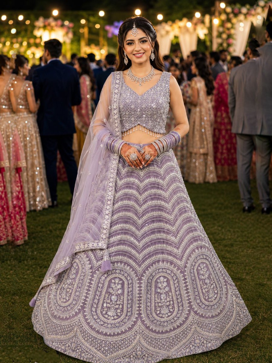 Lavender Real Premium Net Resham Embroidered Stone Work Wedding Reception Festival Ready Heavy Border Lehenga Choli
