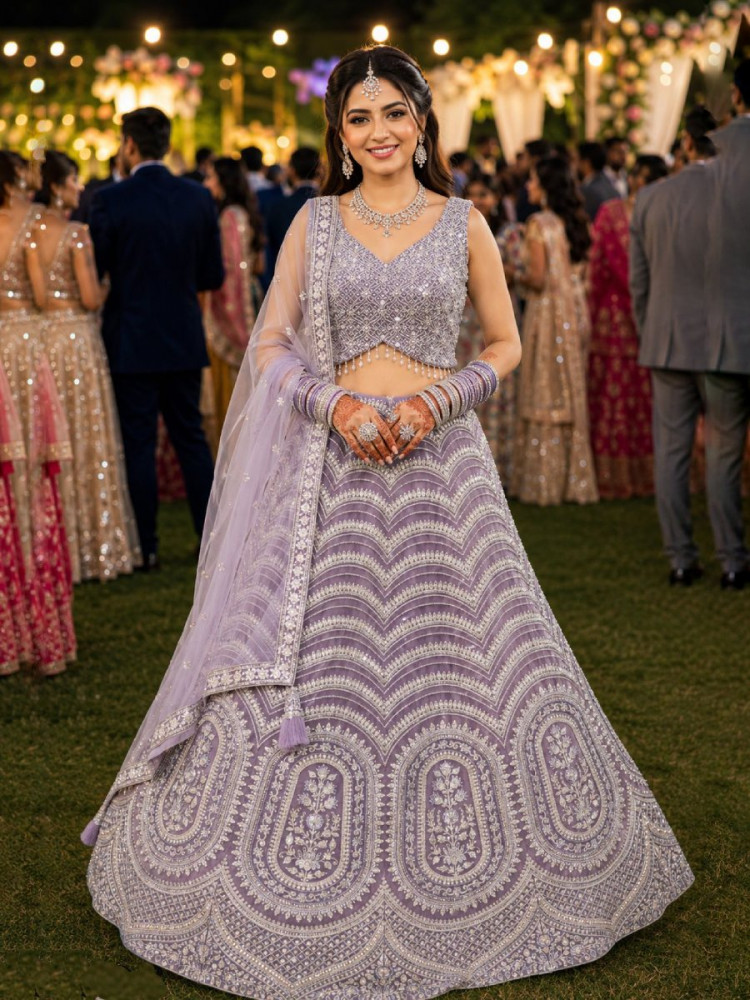 Image of Lavender Real Premium Net Resham Embroidered Stone Work Wedding Reception Festival Ready Heavy Border Lehenga Choli
