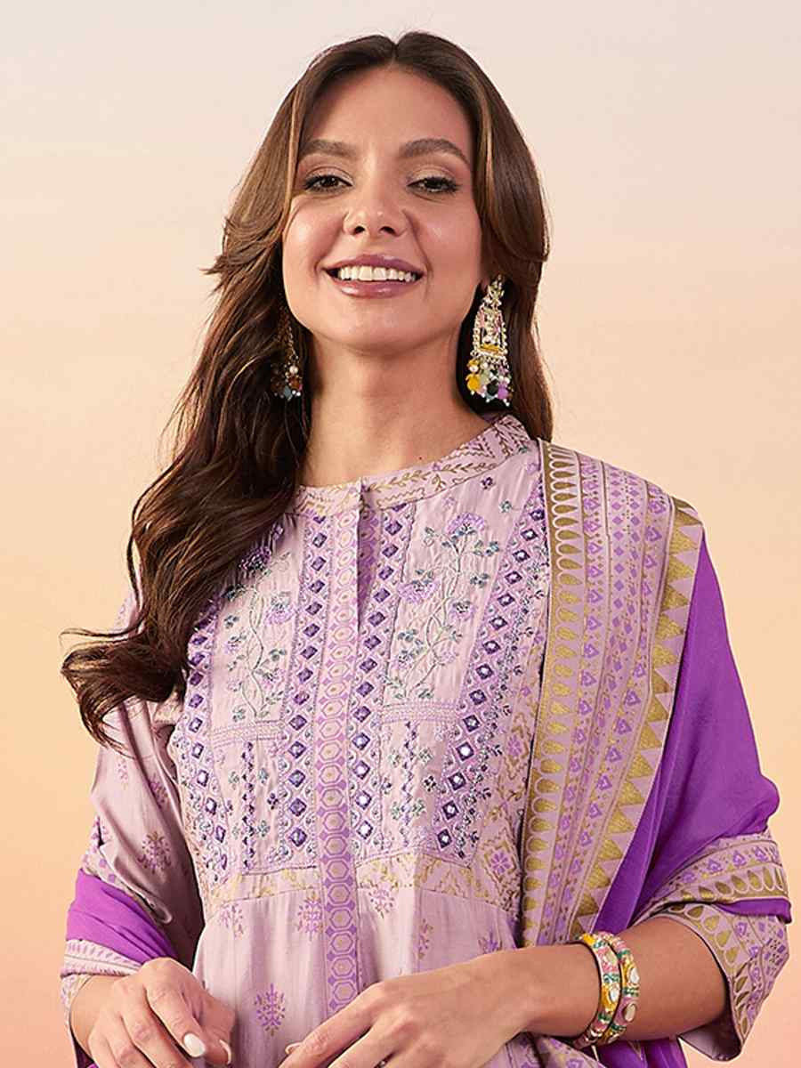 Lavender Roman Silk Embroidered Festival Casual Ready Palazzo Pant Salwar Kameez