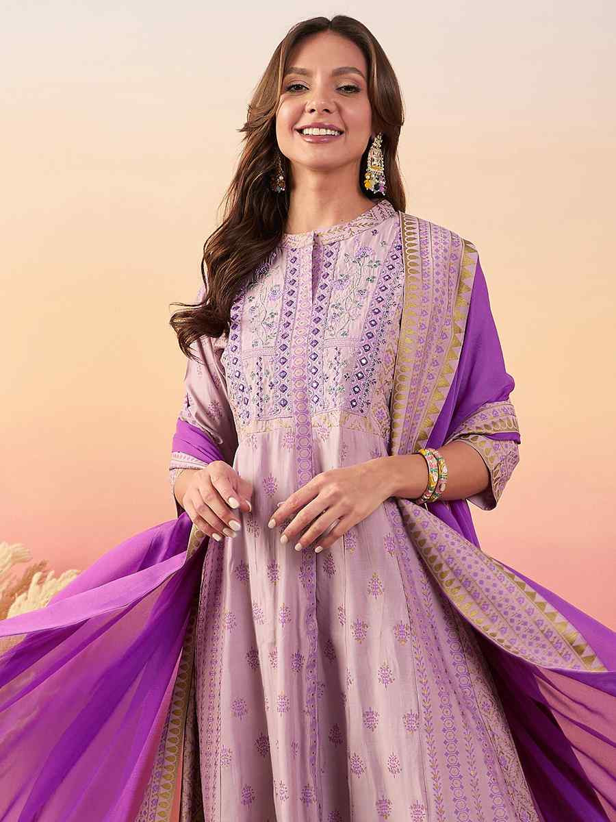 Lavender Roman Silk Embroidered Festival Casual Ready Palazzo Pant Salwar Kameez