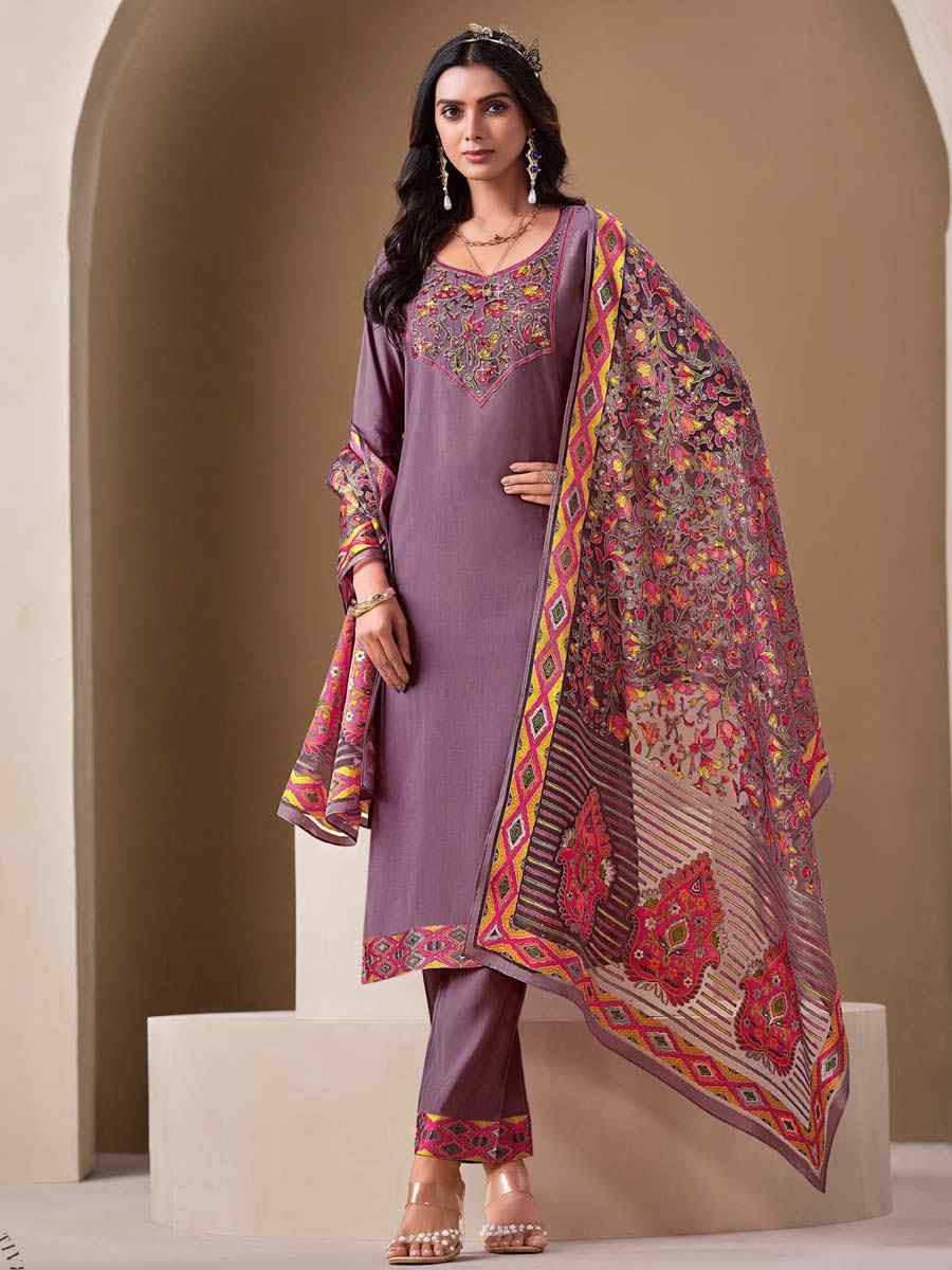 Lavender Roman Silk Embroidered Festival Mehendi Ready Pant Salwar Kameez