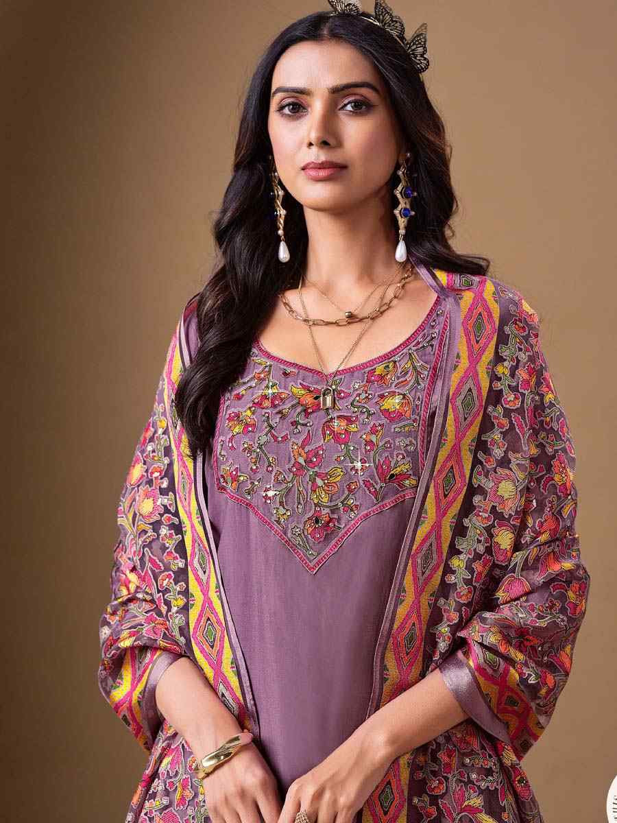 Lavender Roman Silk Embroidered Festival Mehendi Ready Pant Salwar Kameez