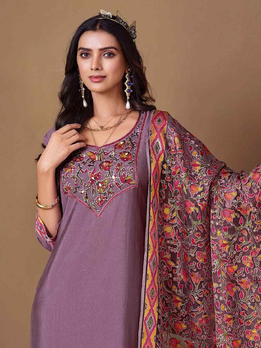 Lavender Roman Silk Embroidered Festival Mehendi Ready Pant Salwar Kameez