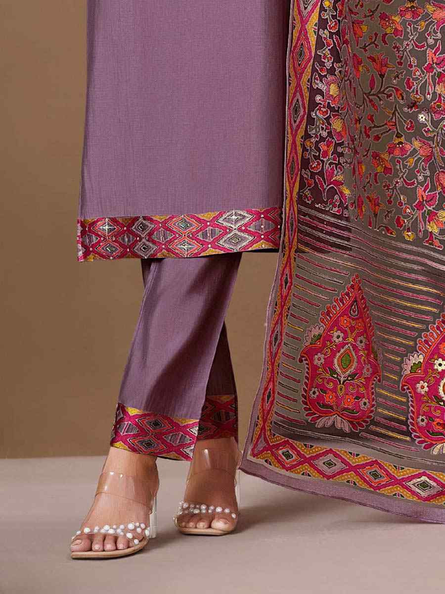 Lavender Roman Silk Embroidered Festival Mehendi Ready Pant Salwar Kameez