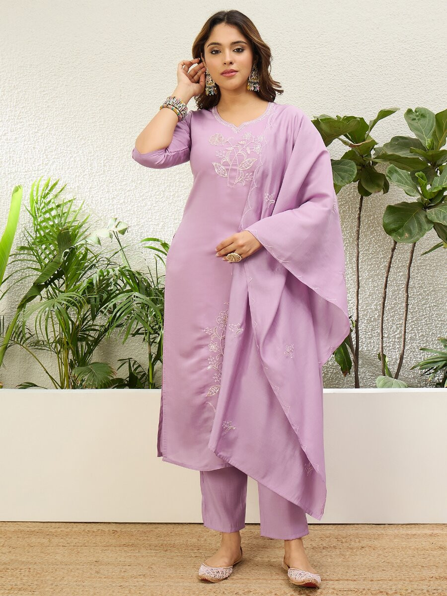 Lavender Roman Silk Embroidery Wedding Party Festival Casual Pant Salwar Kameez