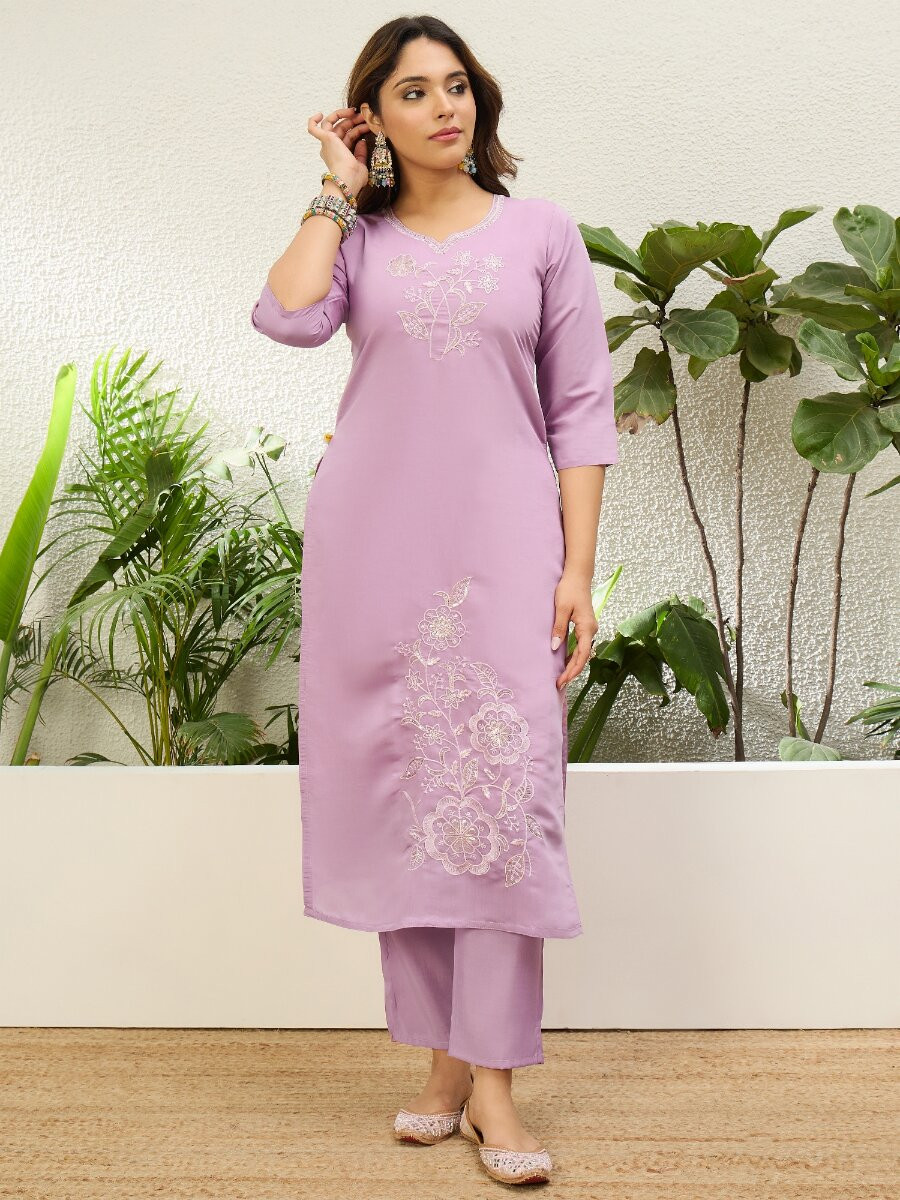 Lavender Roman Silk Embroidery Wedding Party Festival Casual Pant Salwar Kameez