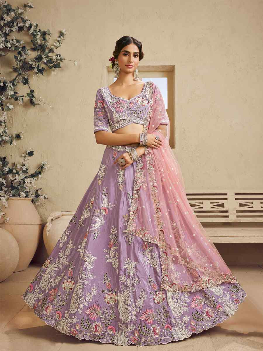 Lavender Satin Embroidered Bridal Festival Reception Wedding Traditional Heavy Border Lehenga Choli