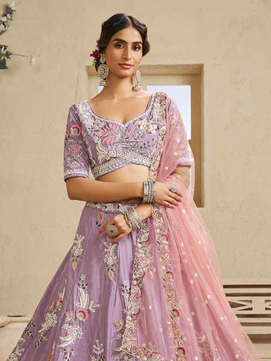 Lavender Satin Embroidered Bridal Festival Reception Wedding Traditional Heavy Border Lehenga Choli