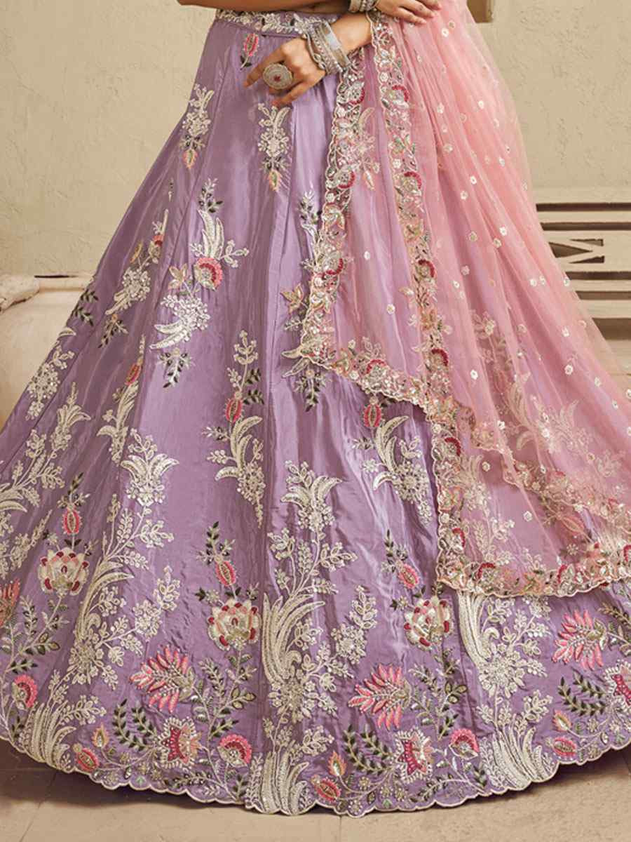 Lavender Satin Embroidered Bridal Festival Reception Wedding Traditional Heavy Border Lehenga Choli