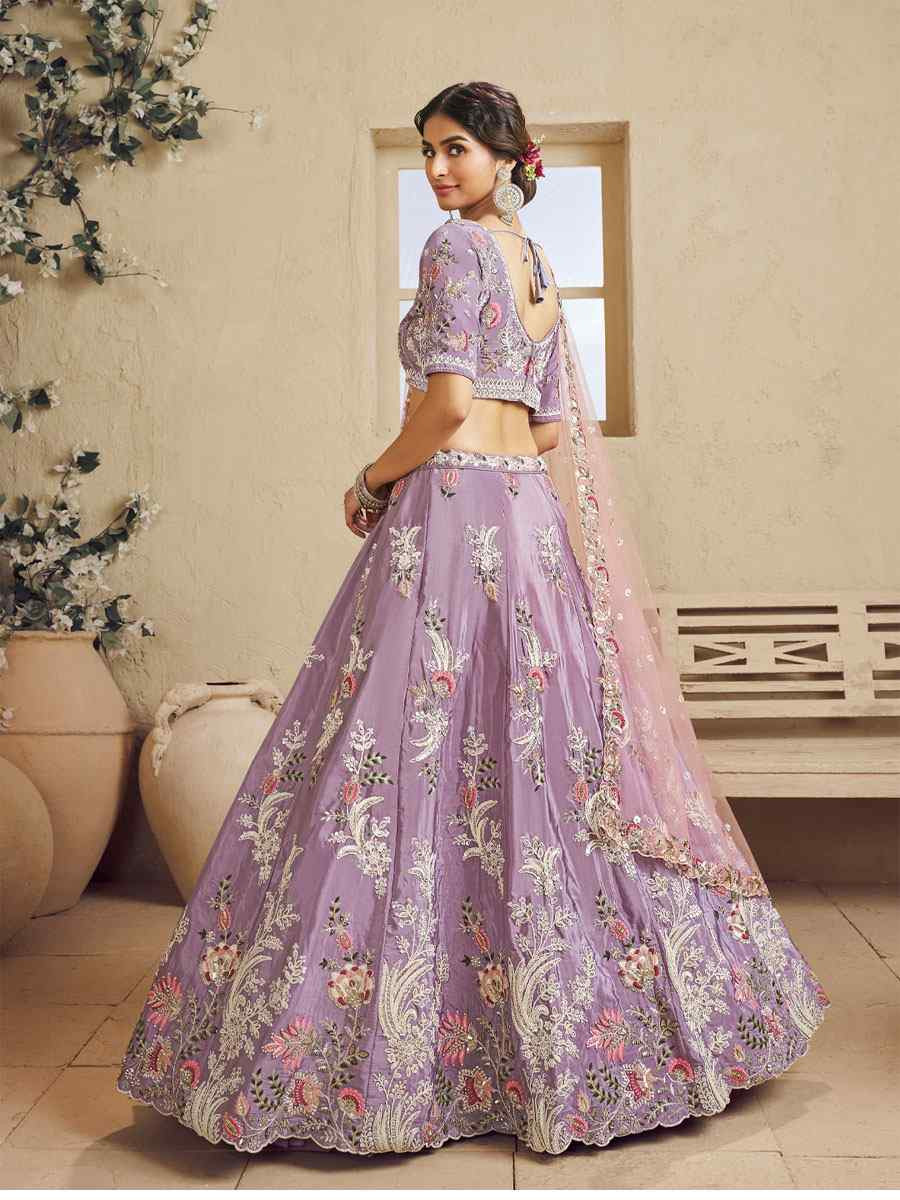 Lavender Satin Embroidered Bridal Festival Reception Wedding Traditional Heavy Border Lehenga Choli