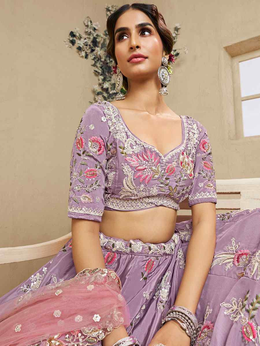 Lavender Satin Embroidered Bridal Festival Reception Wedding Traditional Heavy Border Lehenga Choli