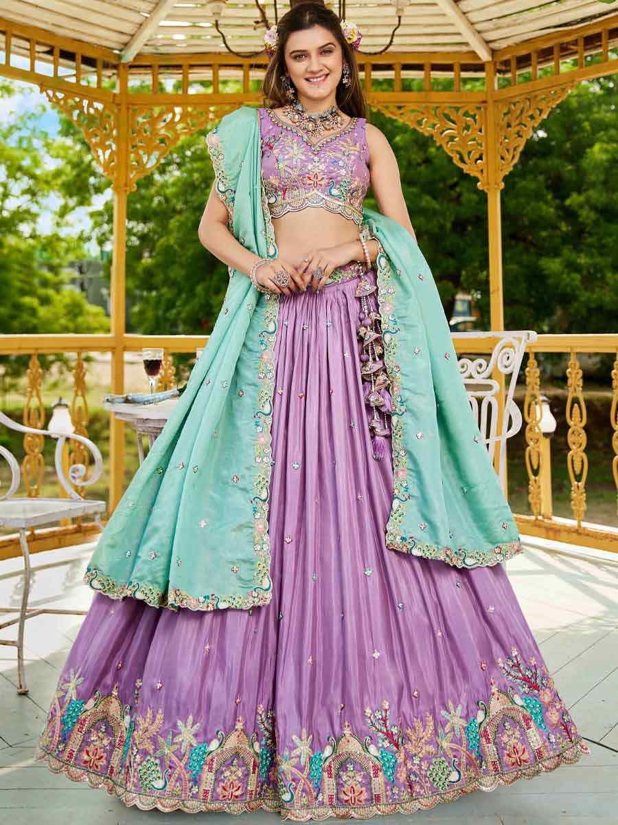 Lavender Satin Embroidered Reception Wedding Heavy Border Lehenga Choli