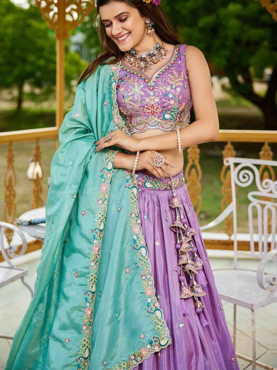 Lavender Satin Embroidered Reception Wedding Heavy Border Lehenga Choli