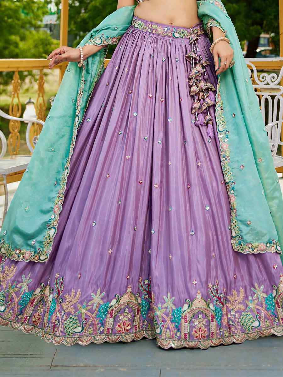 Lavender Satin Embroidered Reception Wedding Heavy Border Lehenga Choli