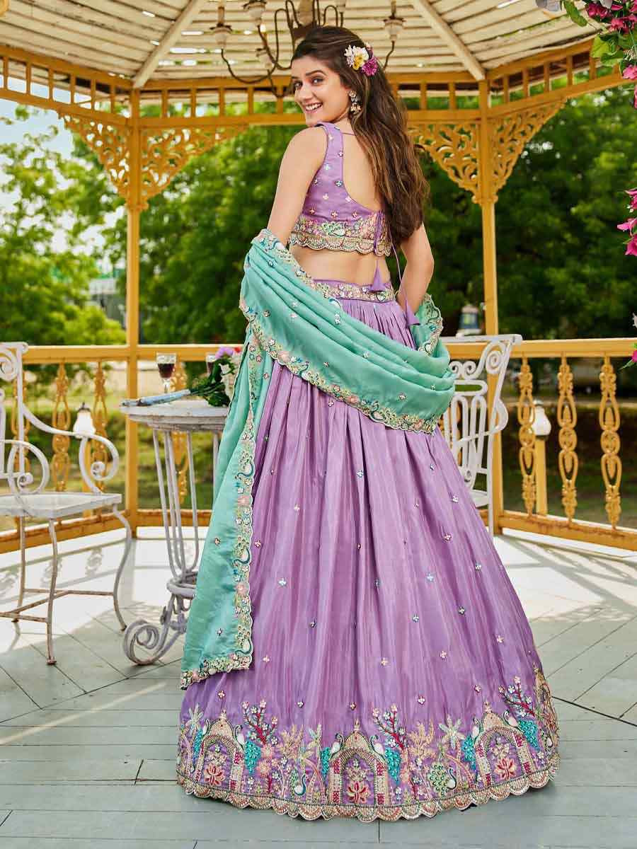 Lavender Satin Embroidered Reception Wedding Heavy Border Lehenga Choli