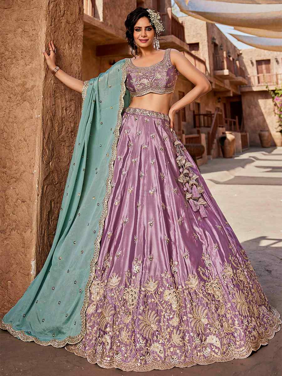 Lavender Satin Embroidered Reception Wedding Heavy Border Lehenga Choli