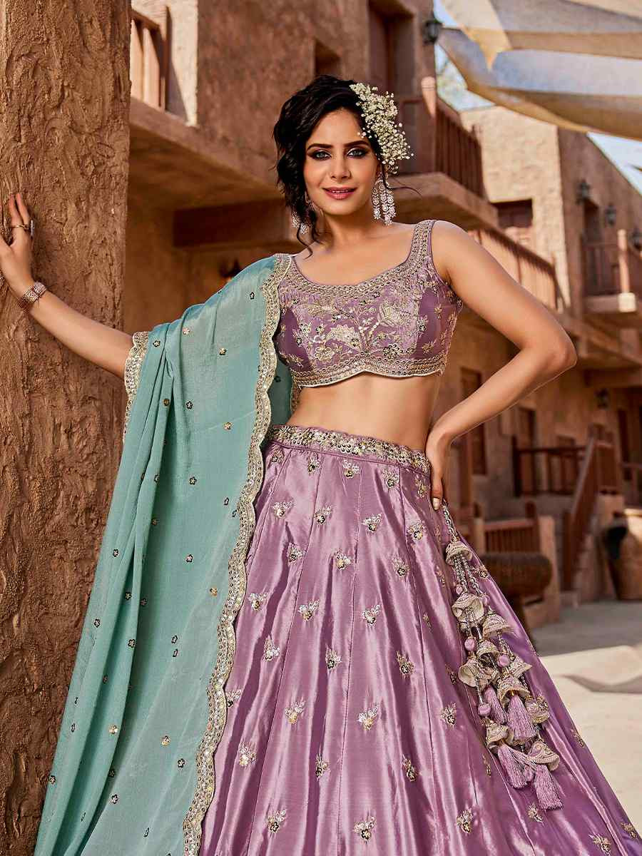Lavender Satin Embroidered Reception Wedding Heavy Border Lehenga Choli
