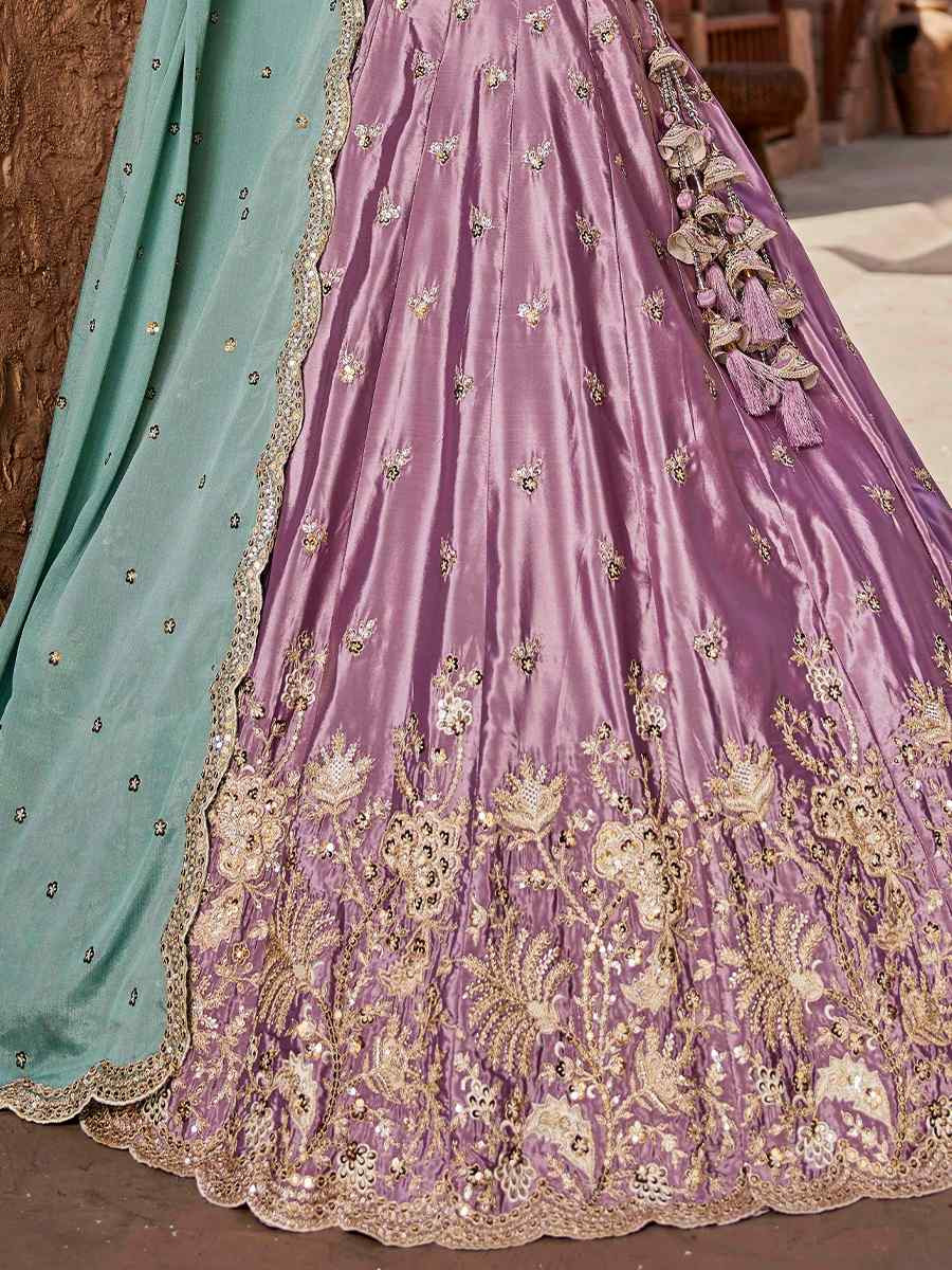 Lavender Satin Embroidered Reception Wedding Heavy Border Lehenga Choli
