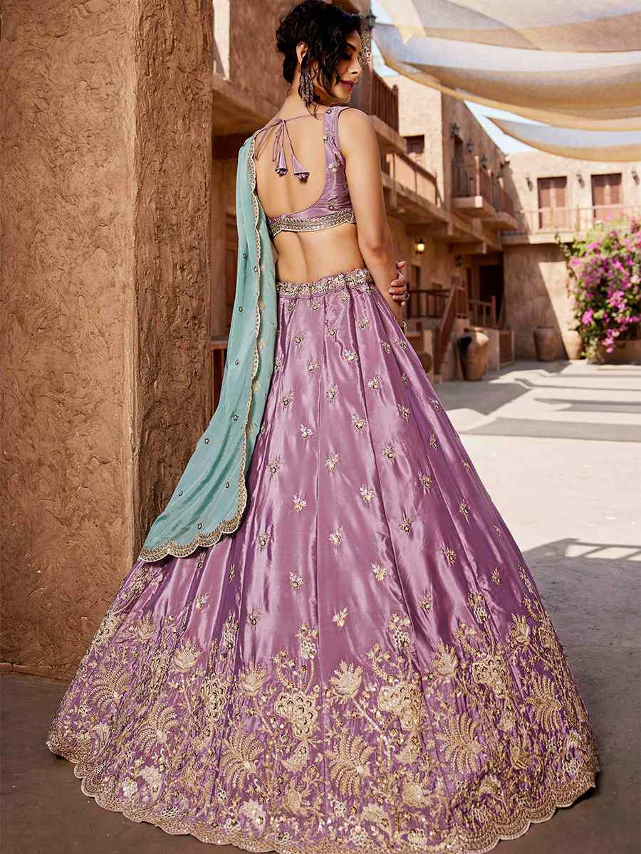 Lavender Satin Embroidered Reception Wedding Heavy Border Lehenga Choli