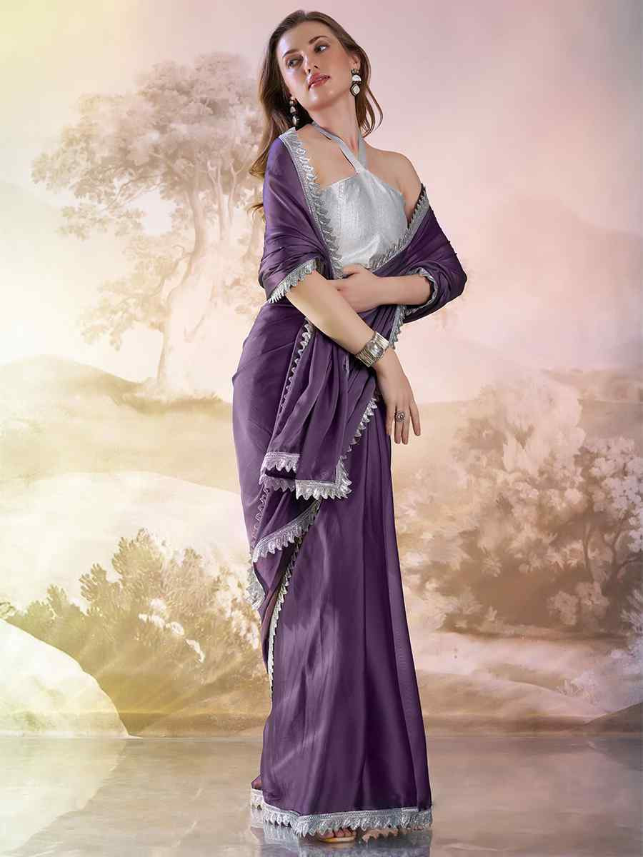 Lavender Satin Rangoli Solid Casual Festival Classic Style Saree