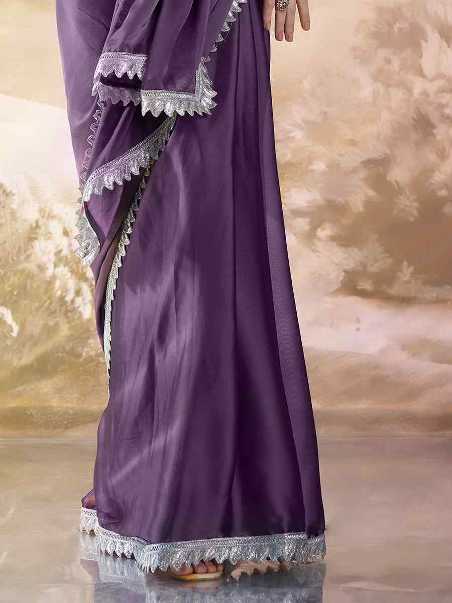 Lavender Satin Rangoli Solid Casual Festival Classic Style Saree