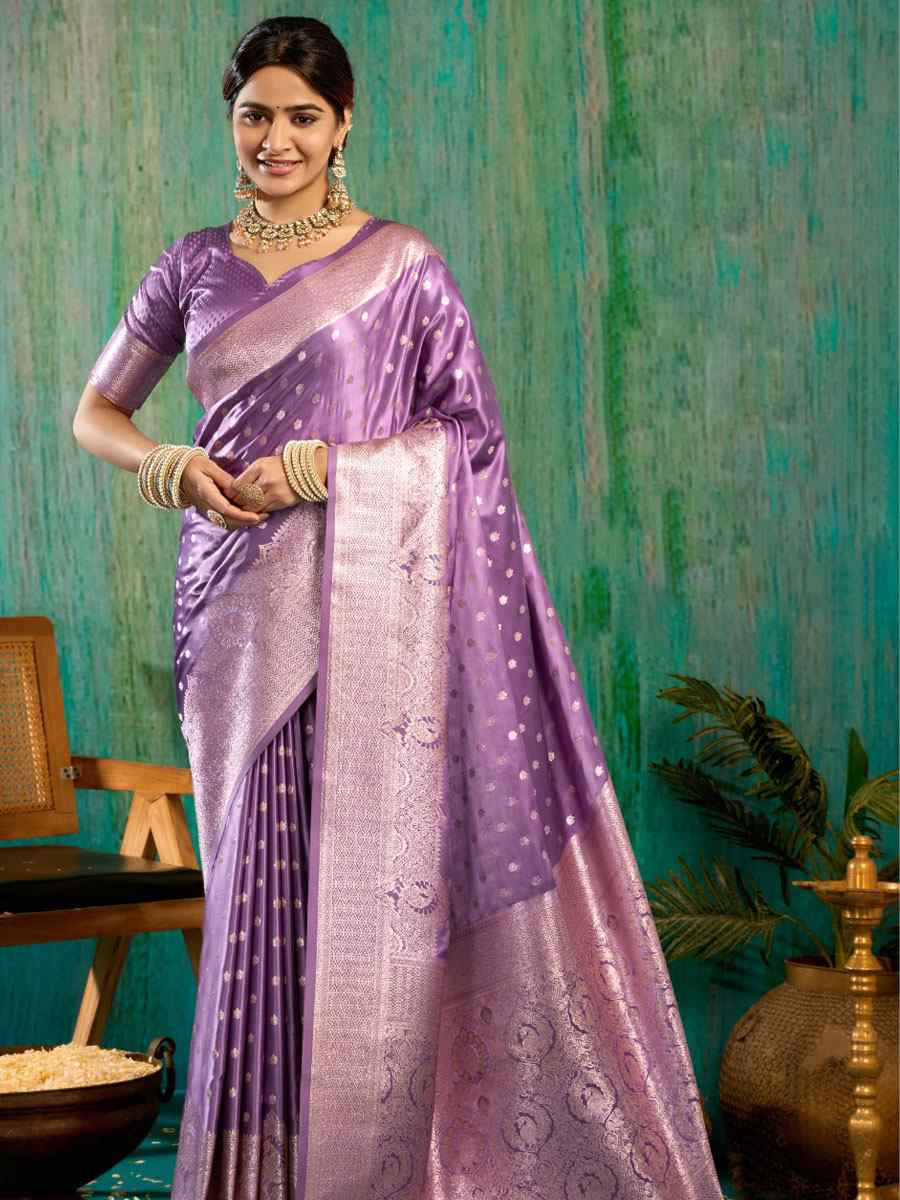 Lavender Satin Silk Handwoven Casual Reception Festival Wedding Fancy Classic Style Sarees