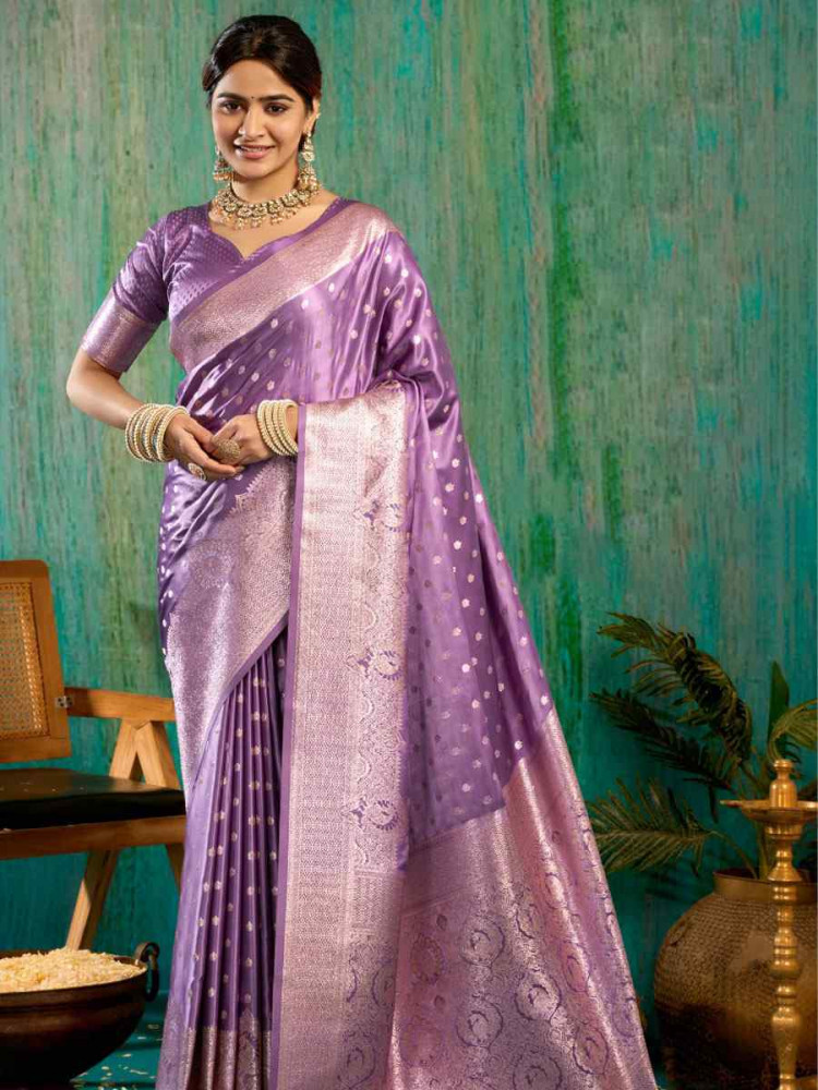 Image of Lavender Satin Silk Handwoven Casual Reception Festival Wedding Fancy Classic Style Sarees