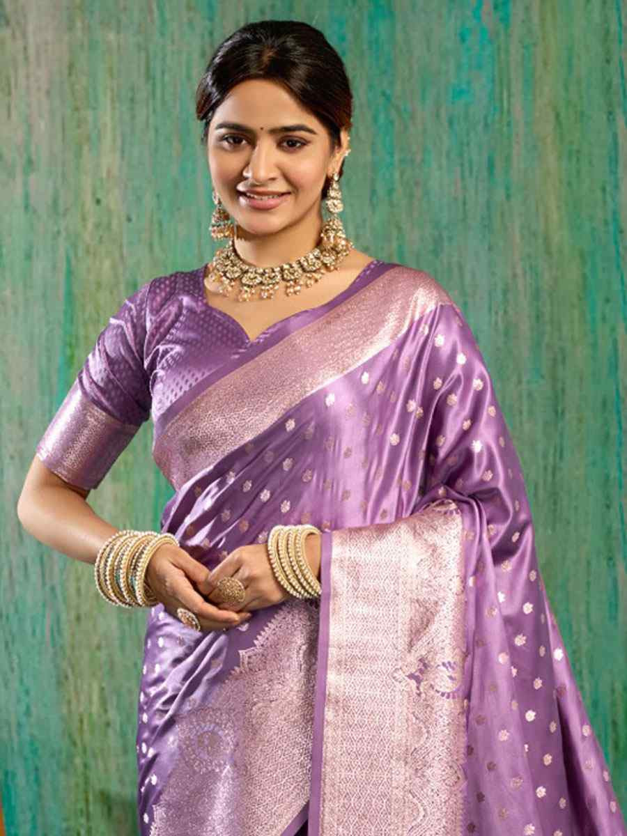 Lavender Satin Silk Handwoven Casual Reception Festival Wedding Fancy Classic Style Sarees