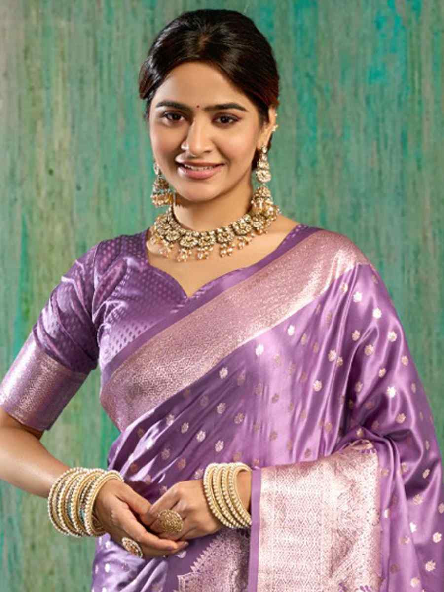 Lavender Satin Silk Handwoven Casual Reception Festival Wedding Fancy Classic Style Sarees