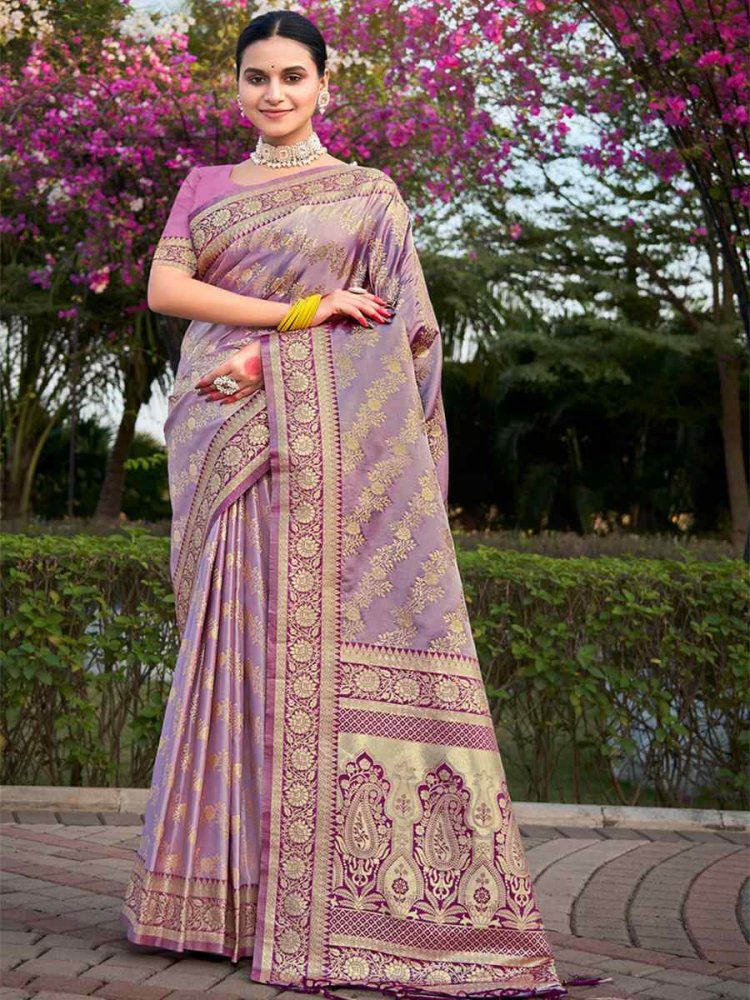 Lavender Satin Silk Handwoven Wedding Festival Heavy Border Saree