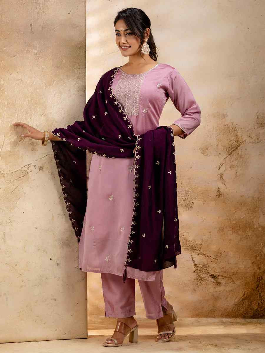 Lavender Silk Blend Embroidered Festival Casual Ready Pant Salwar Kameez