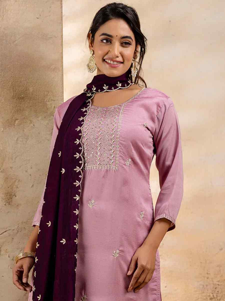 Lavender Silk Blend Embroidered Festival Casual Ready Pant Salwar Kameez