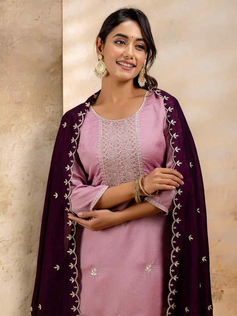 Lavender Silk Blend Embroidered Festival Casual Ready Pant Salwar Kameez