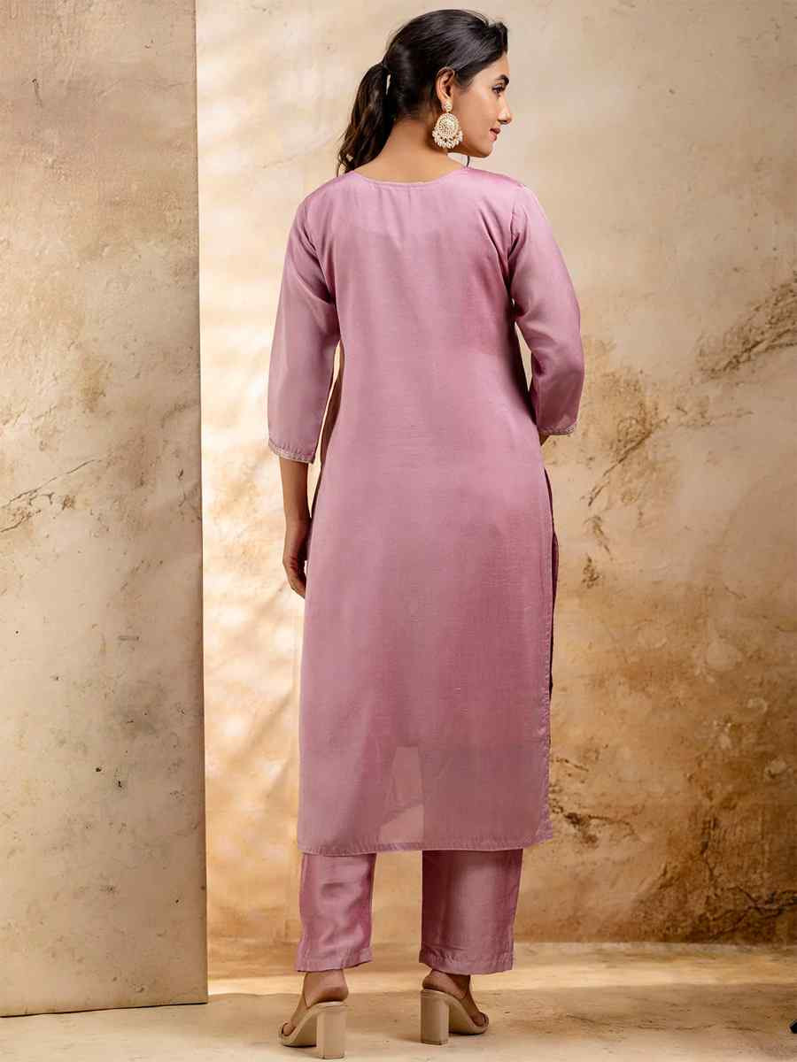 Lavender Silk Blend Embroidered Festival Casual Ready Pant Salwar Kameez