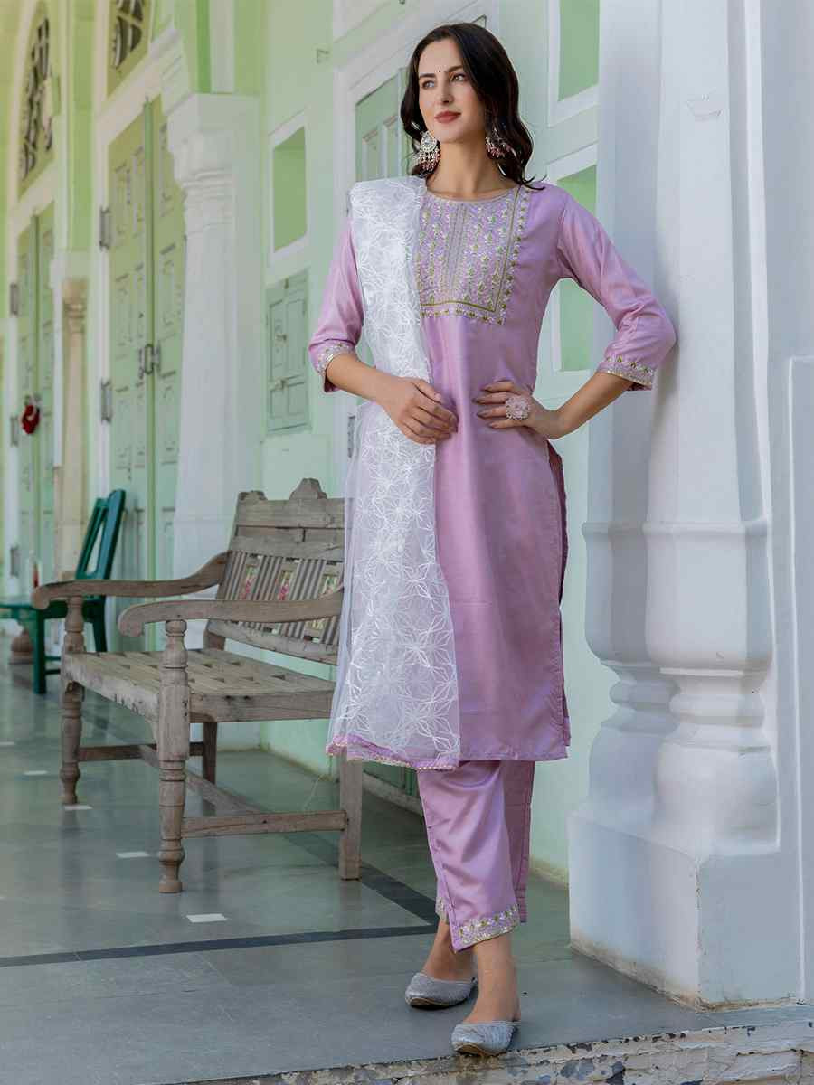 Lavender Silk Blend Embroidered Festival Casual Ready Pant Salwar Kameez