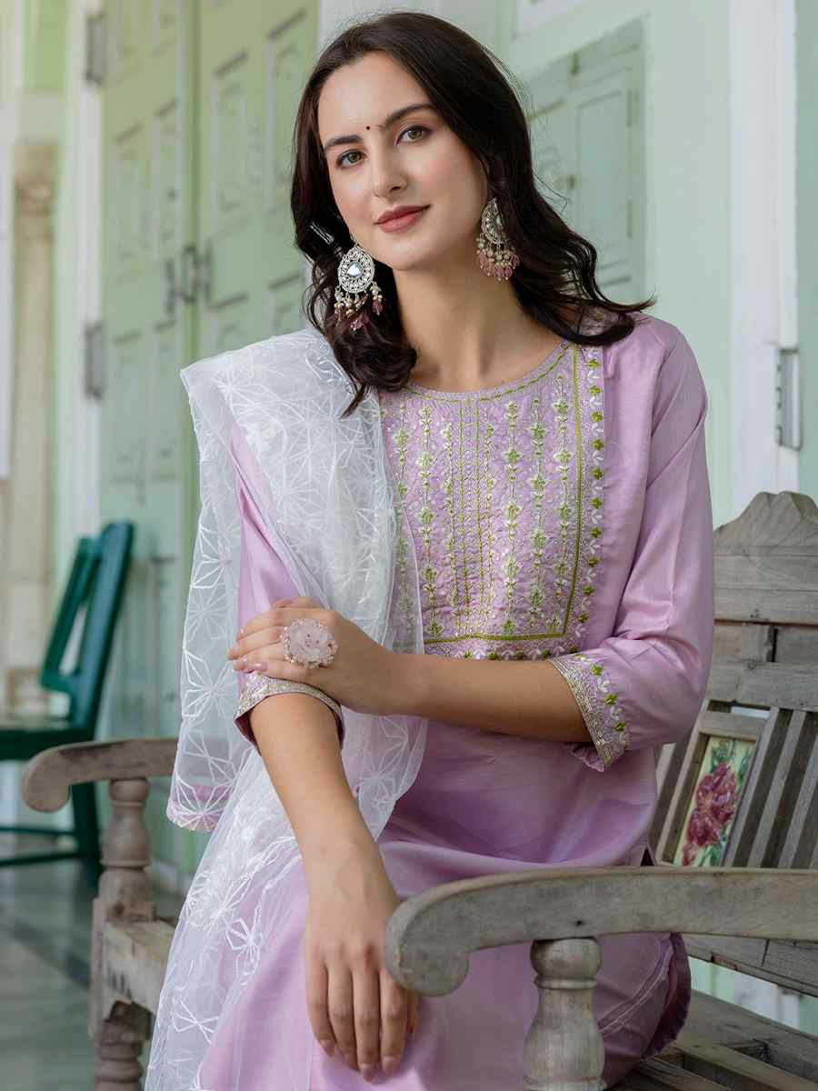 Lavender Silk Blend Embroidered Festival Casual Ready Pant Salwar Kameez
