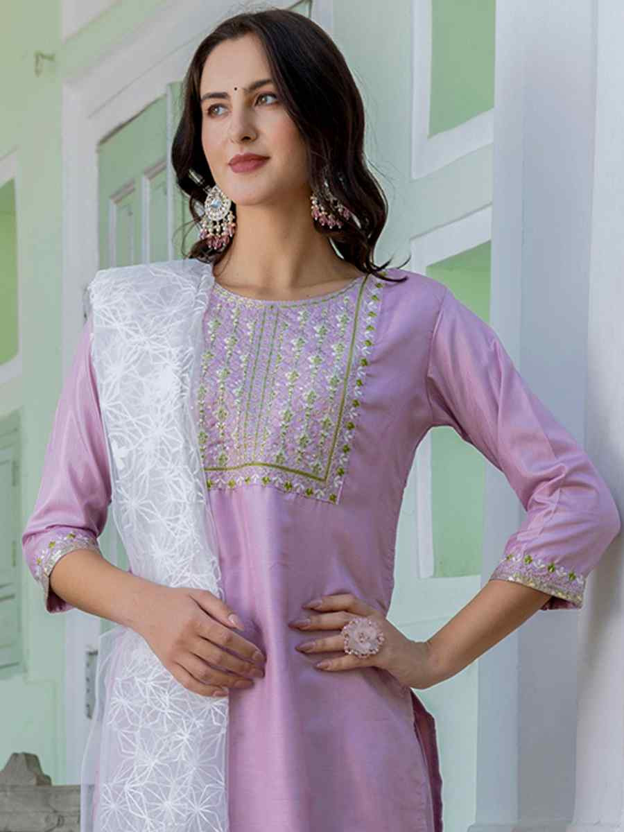 Lavender Silk Blend Embroidered Festival Casual Ready Pant Salwar Kameez